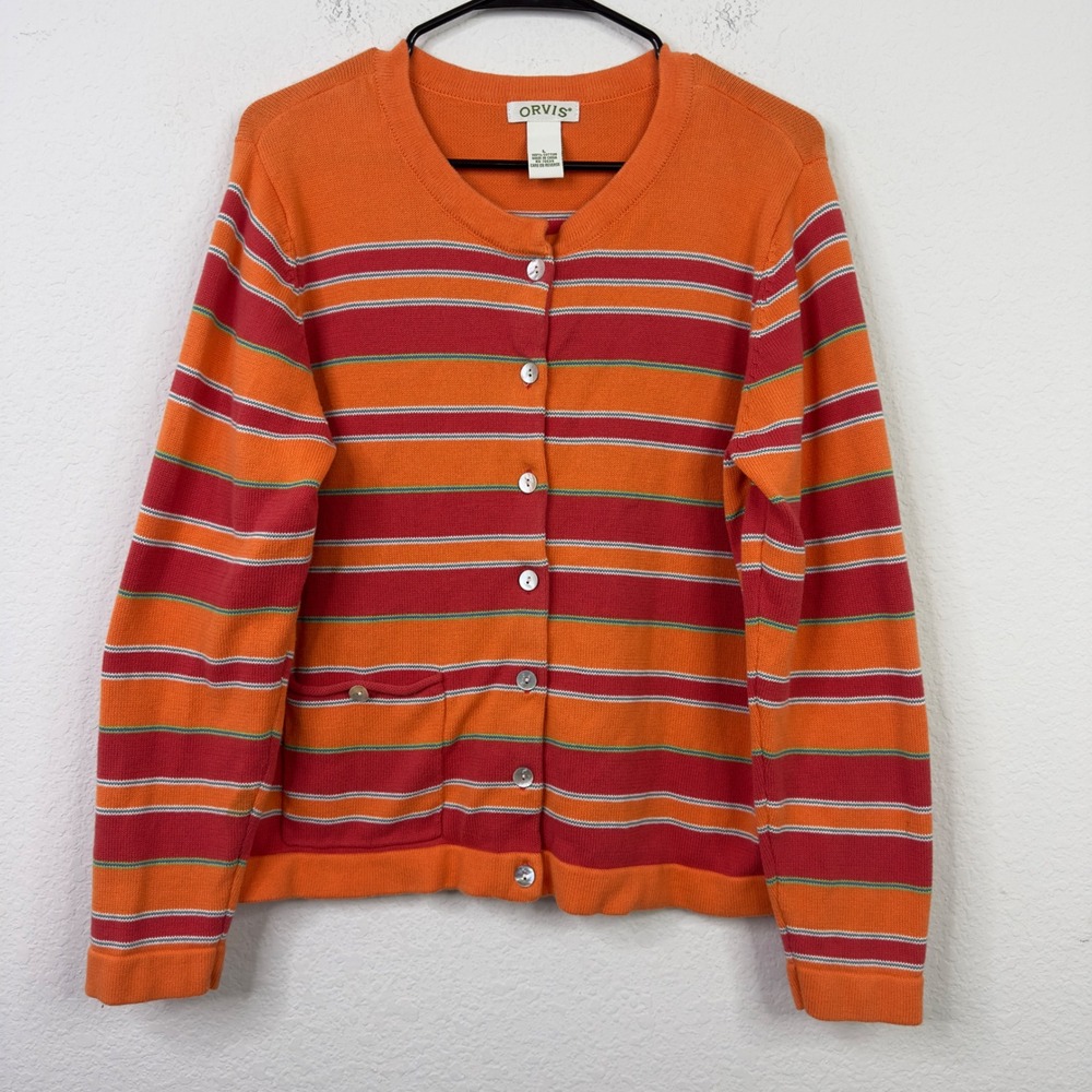 Orvis Cardigan Womens L Orange‎ Red Striped Grandma Classic Minimalist Preppy